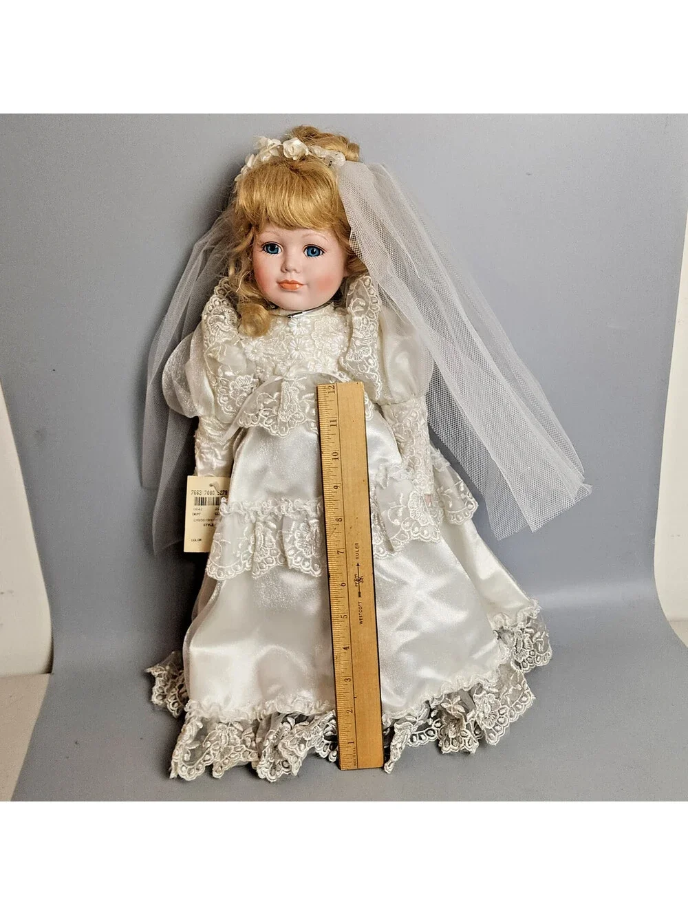 Chatelaine Porcelain Bride Doll Blonde Curly Hair Lace Wedding Dress w/Stand